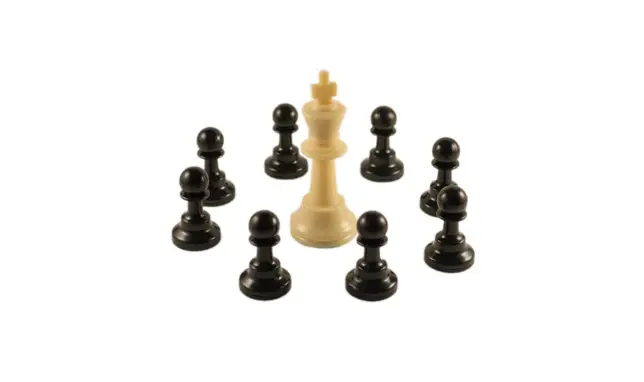 An image of 9 chess pieces - 8 pawn pieces surround one king piece