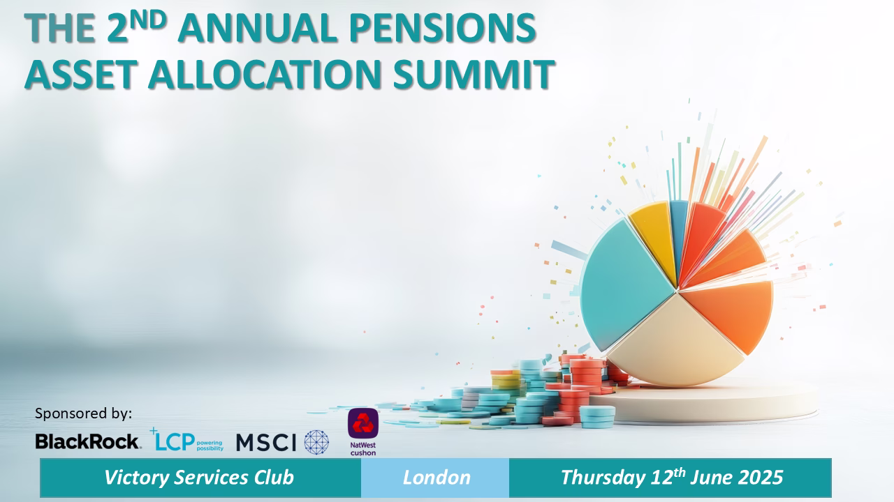 An image promoting the 2nd Annual Pensions Asset Allocation Summit on Thursday 12 June at the Victory Services Club in London. It is sponsored by BlackRock, LCP, MSCI and NatWest Cushon