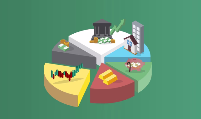 Illustrated pie chart showing asset allocation categories, including stocks, bonds, real estate, cash/savings, and gold, represented with icons like a stock graph, bank building with money, house and buildings, piggy bank, and gold bars on a green background.