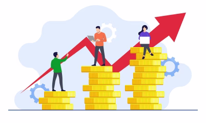 Illustration of three people standing on stacks of gold coins at increasing heights, with a red upward arrow behind them, symbolizing financial growth, investment progress, and long-term wealth or retirement planning.
